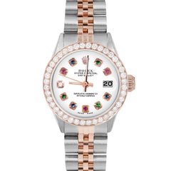 Rolex Ladies Rose Gold Datejust White Rainbow Dial Diamond Bezel Watch