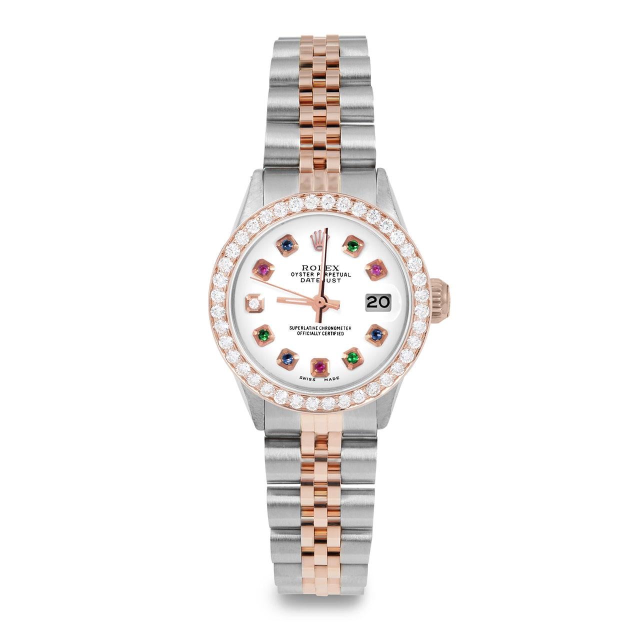 Perle Rolex Montre Datejust pour femmes avec cadran arc-en-ciel blanc et lunette en diamants en vente