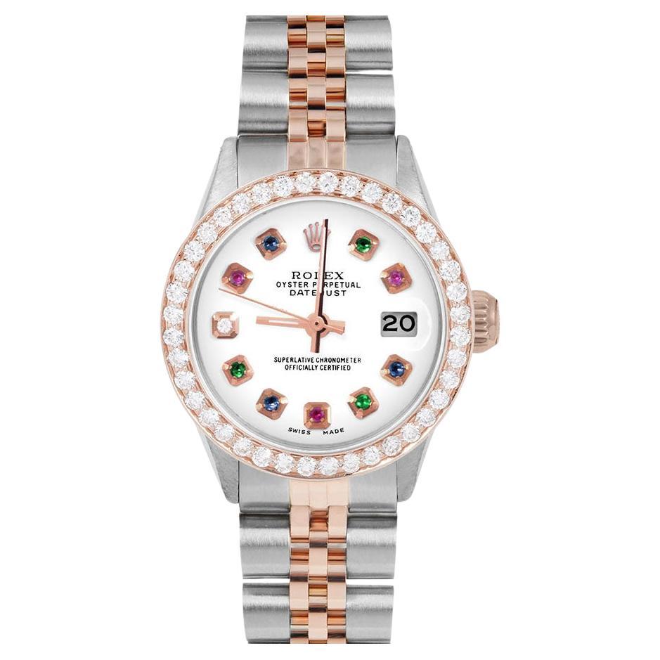 Rolex Ladies Rose Gold Datejust White Rainbow Dial Diamond Bezel Watch For Sale