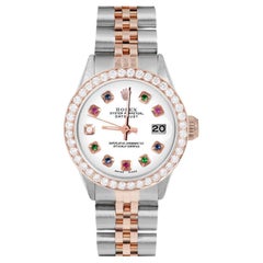 Rolex Ladies Rose Gold Datejust White Rainbow Dial Diamond Bezel Watch