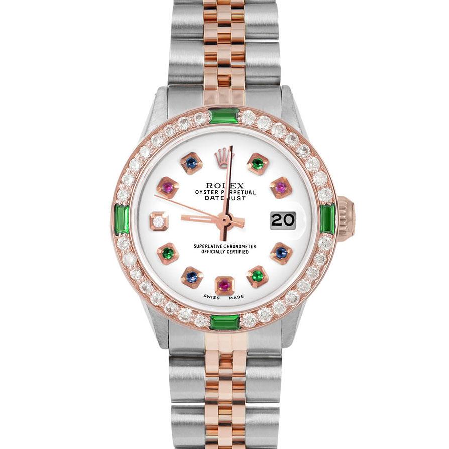 Rolex Ladies Rose Gold Datejust White Rainbow Dial Emerald / Diamond Bezel Watch For Sale