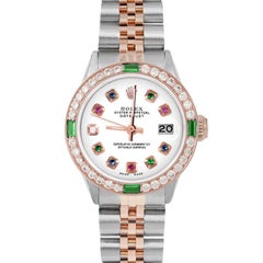 Rolex Ladies Rose Gold Datejust White Rainbow Dial Emerald / Diamond Bezel Watch