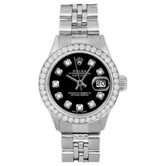 Rolex Ladies SS Datejust Black Diamond Dial Diamond Bezel Jubilee Band Watch