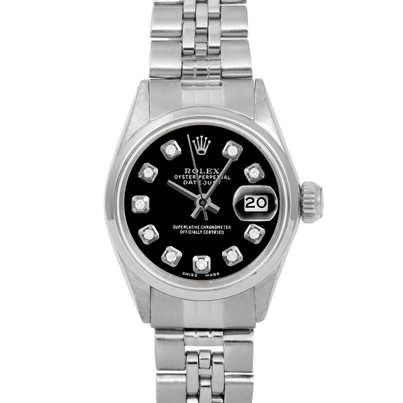 Brand : Rolex
Model : Datejust (Non-Quickset Model)
Gender : Ladies
Metals : Stainless Steel
Case Size : 24 mm

Dial : Custom Black Diamond Dial (This dial is not original Rolex And has been added aftermarket yet is a beautiful Custom