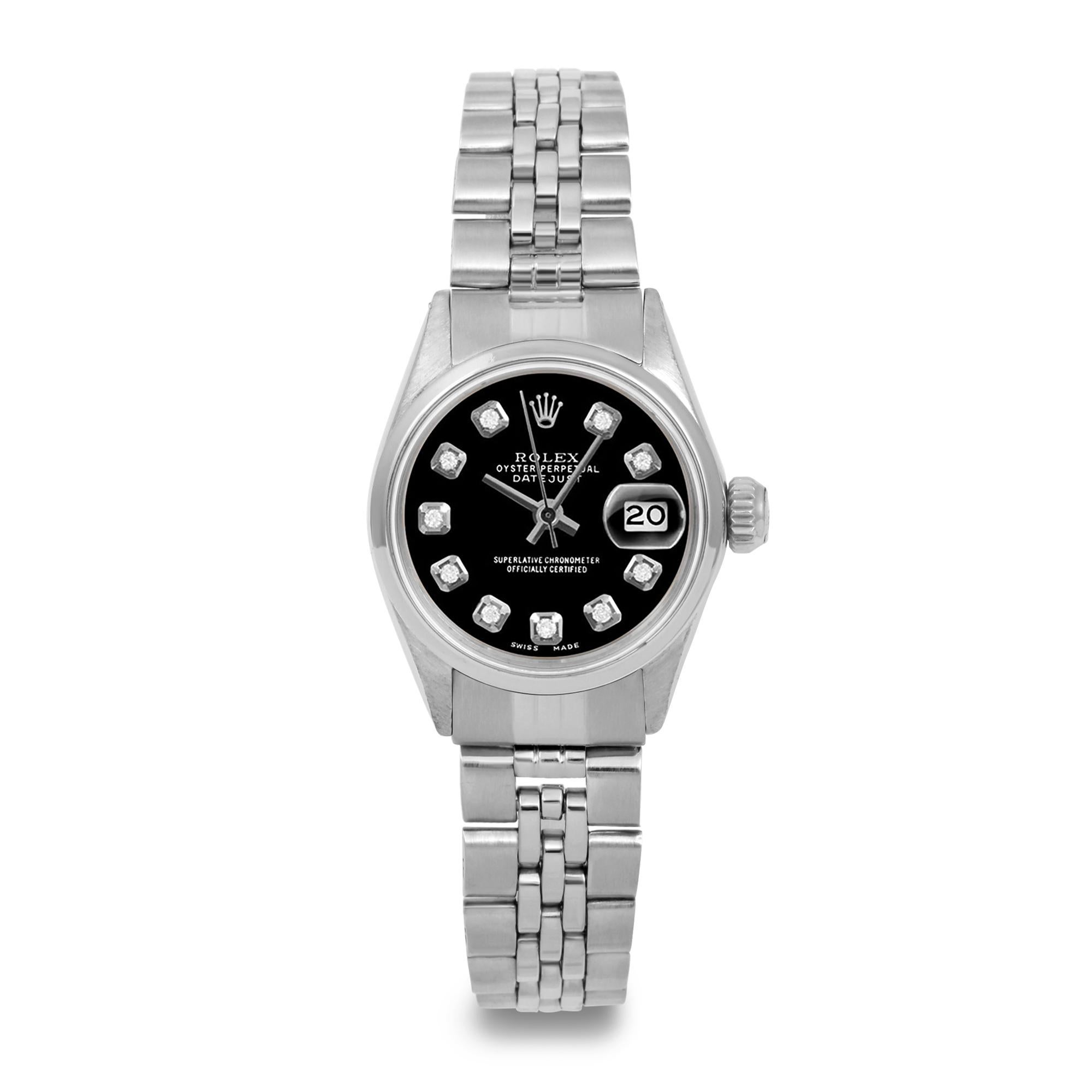 Perle Rolex Ladies SS Datejust Black Diamond Dial Smooth Bezel Jubilee Band Watch en vente