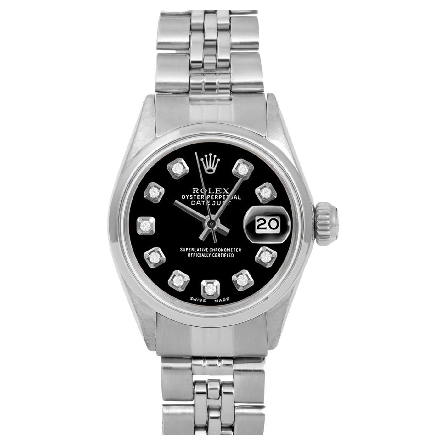 Rolex Ladies SS Datejust Black Diamond Dial Smooth Bezel Jubilee Band Watch