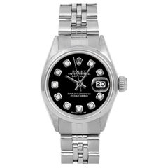 Rolex Ladies SS Datejust Black Diamond Dial Smooth Bezel Jubilee Band Watch