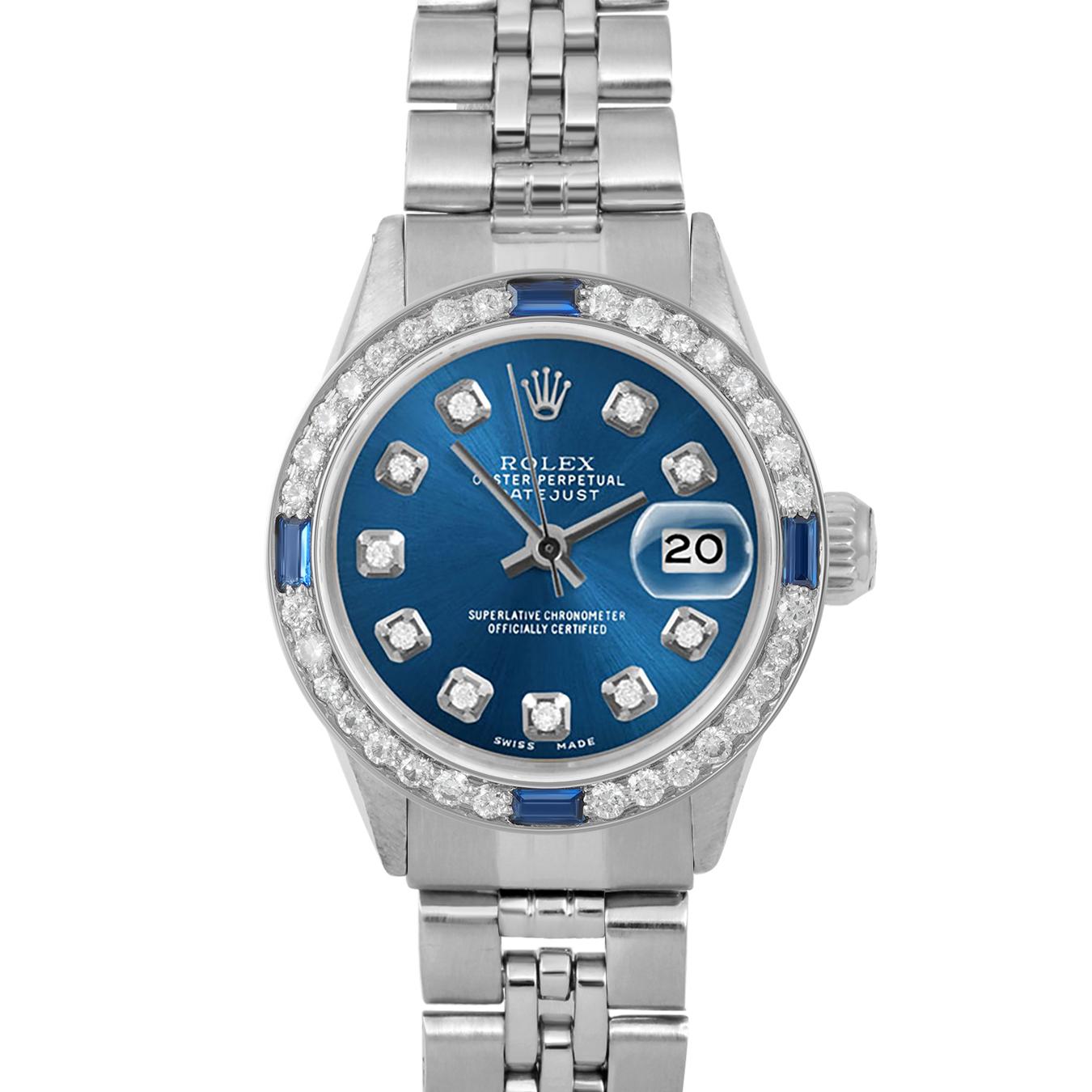 Brand : Rolex
Model : Datejust (Non-Quickset Model)
Gender : Ladies
Metals : Stainless Steel
Case Size : 24 mm
Dial : Custom Blue Diamond Dial (This dial is not original Rolex And has been added aftermarket yet is a beautiful Custom addition)
Bezel
