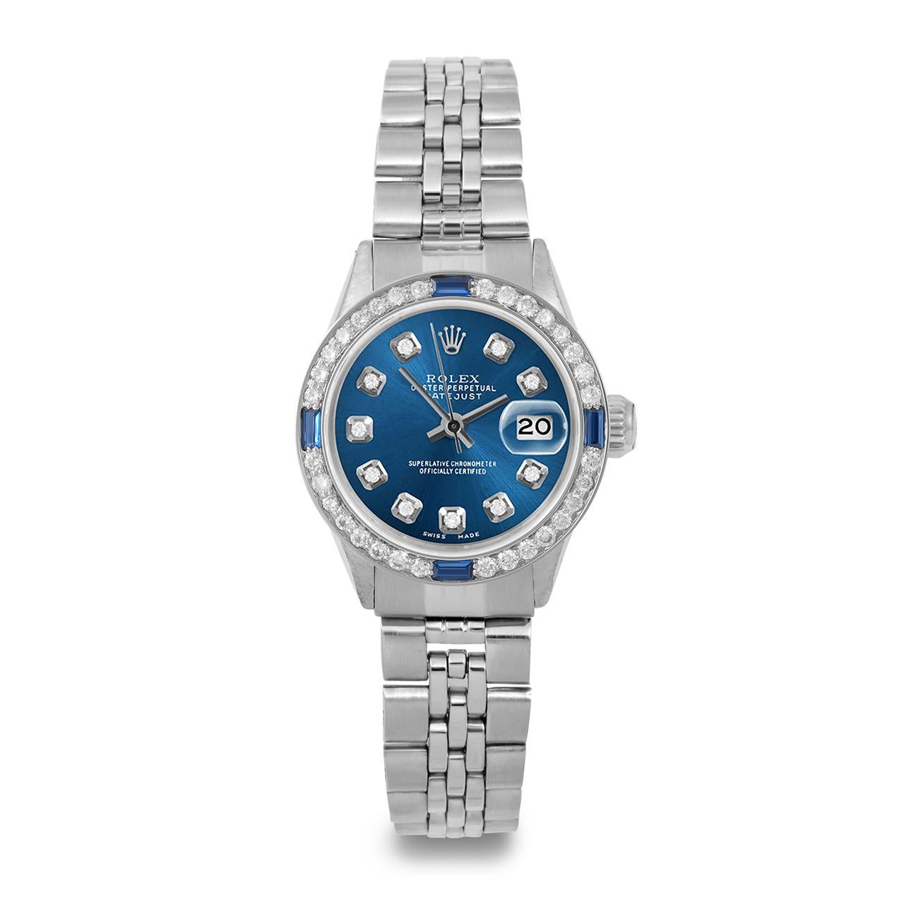Perle Rolex Montre Datejust SS avec cadran bleu et lunette en diamants et saphirs, pour femmes en vente
