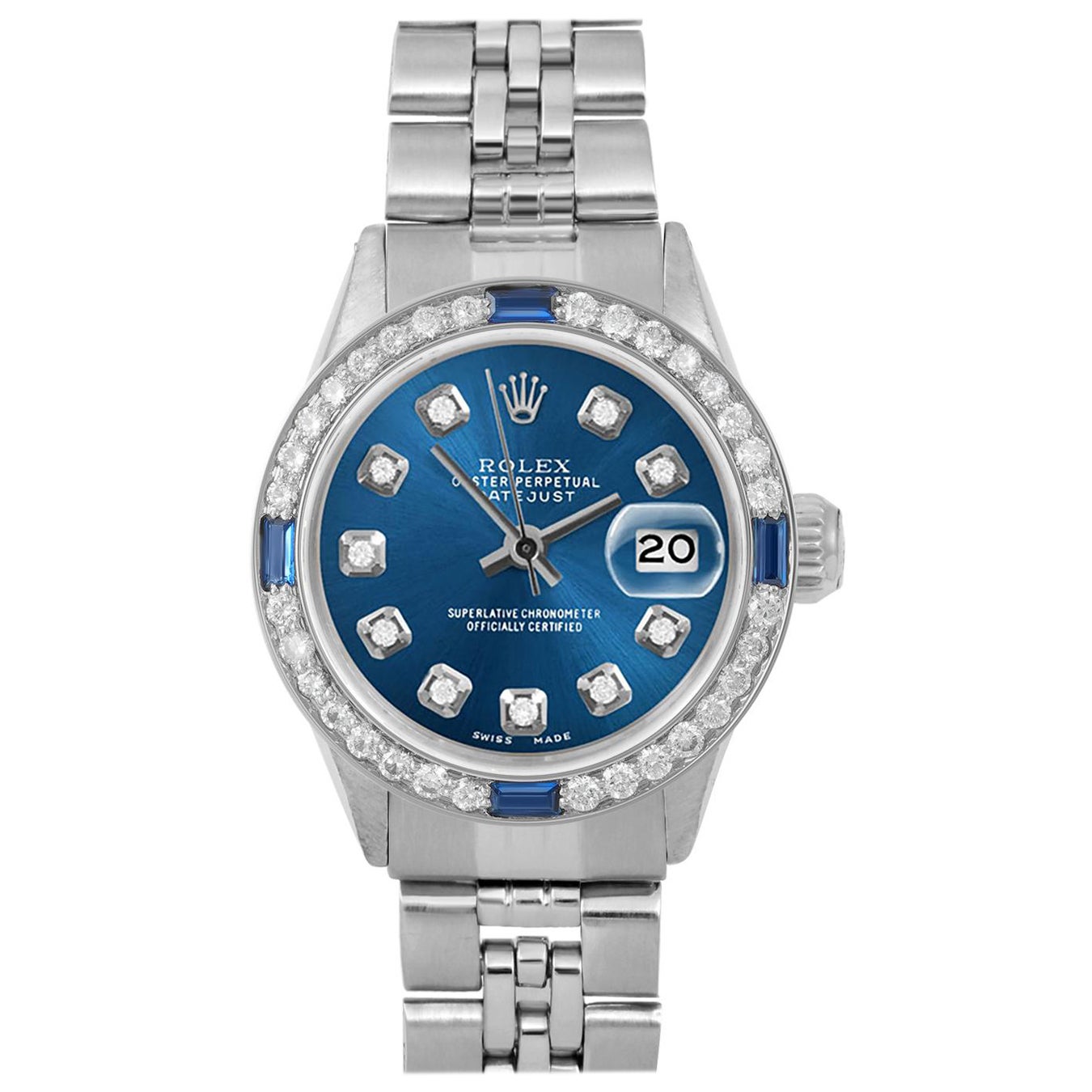 Rolex Ladies SS Datejust Blue Diamond Dial Sapphire Diamond Bezel Jubilee Watch For Sale