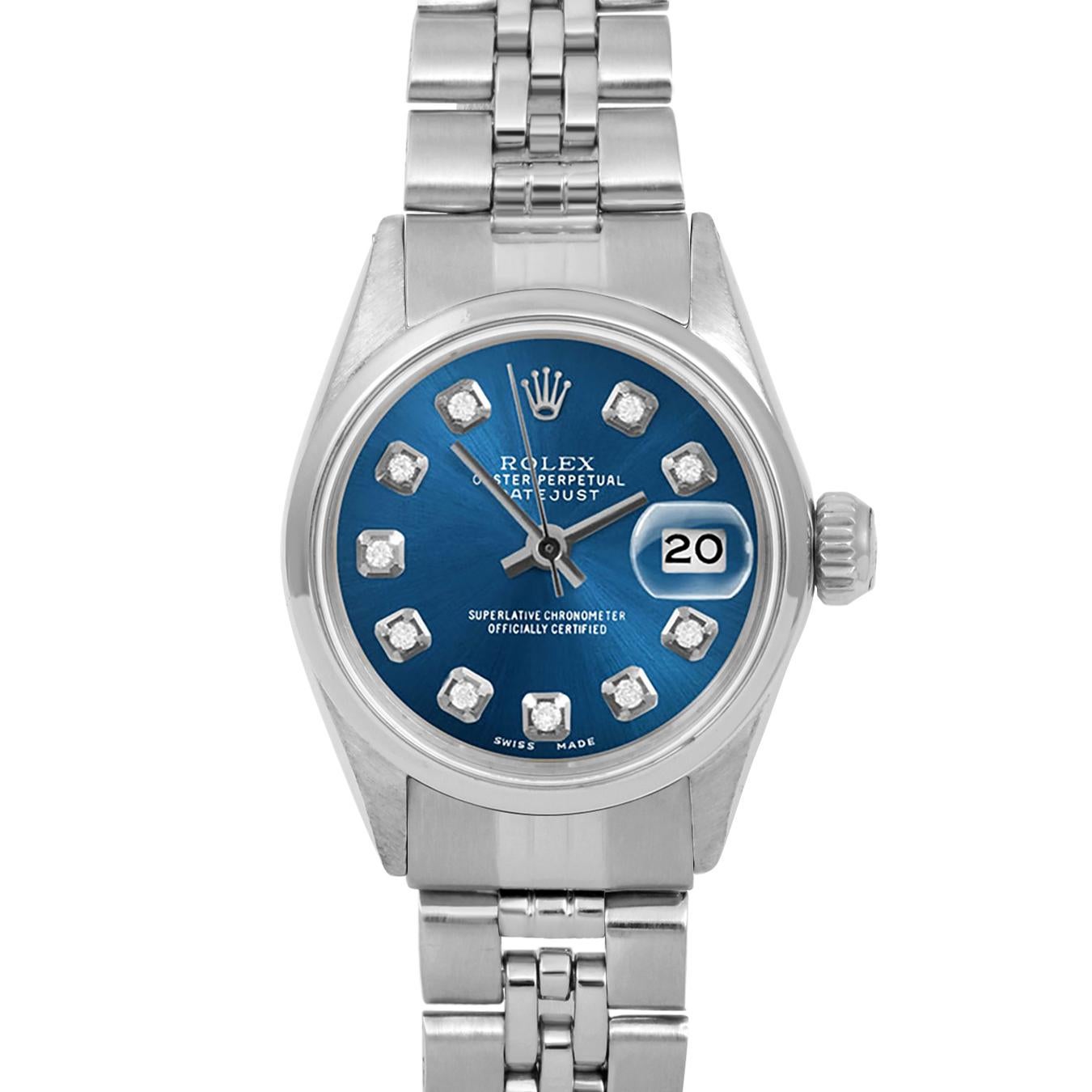 Brand : Rolex
Model : Datejust (Non-Quickset Model)
Gender : Ladies
Metals : Stainless Steel
Case Size : 24 mm

Dial : Custom Blue Diamond Dial (This dial is not original Rolex And has been added aftermarket yet is a beautiful Custom