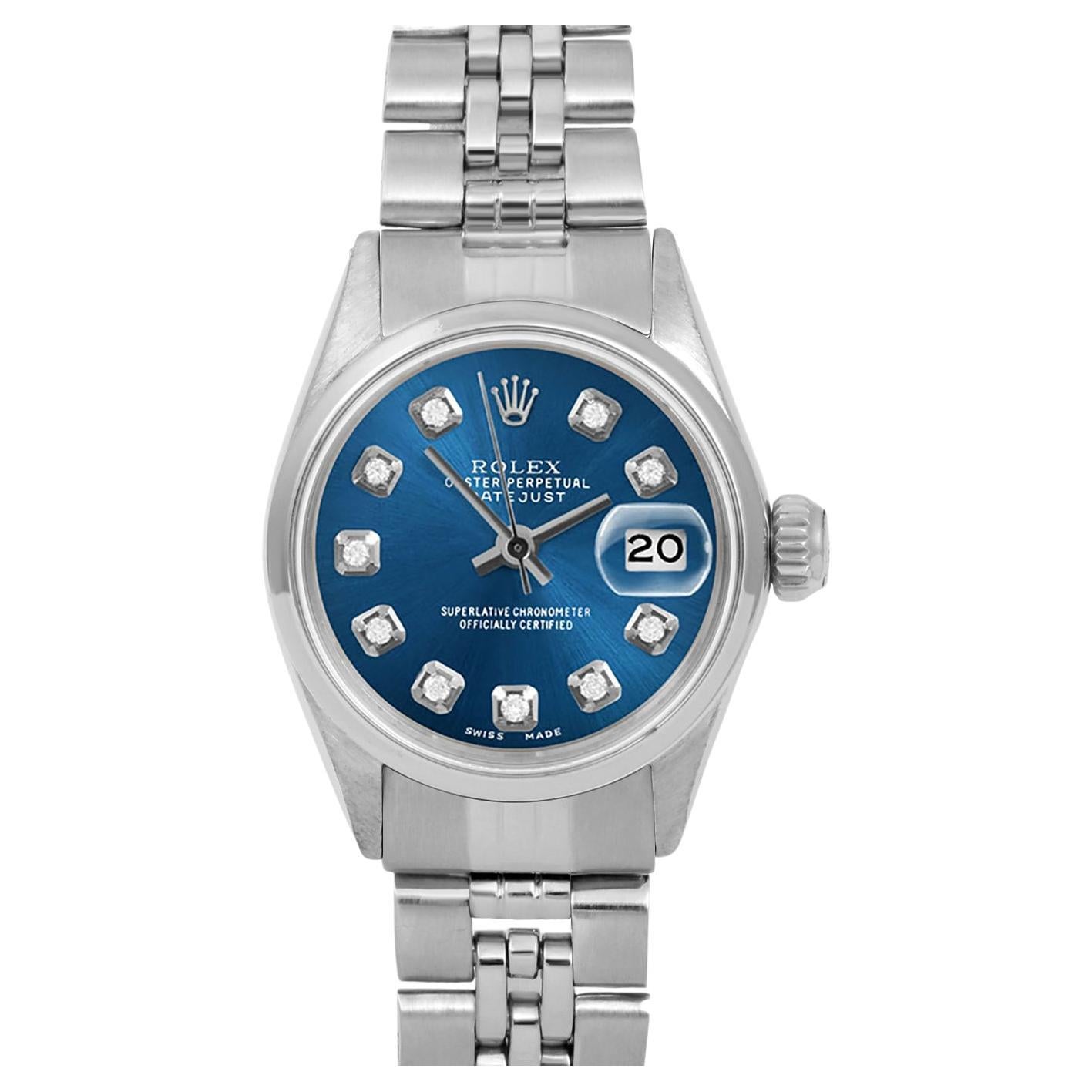 Rolex Ladies SS Datejust Blue Diamond Dial Smooth Bezel Jubilee Band Watch For Sale