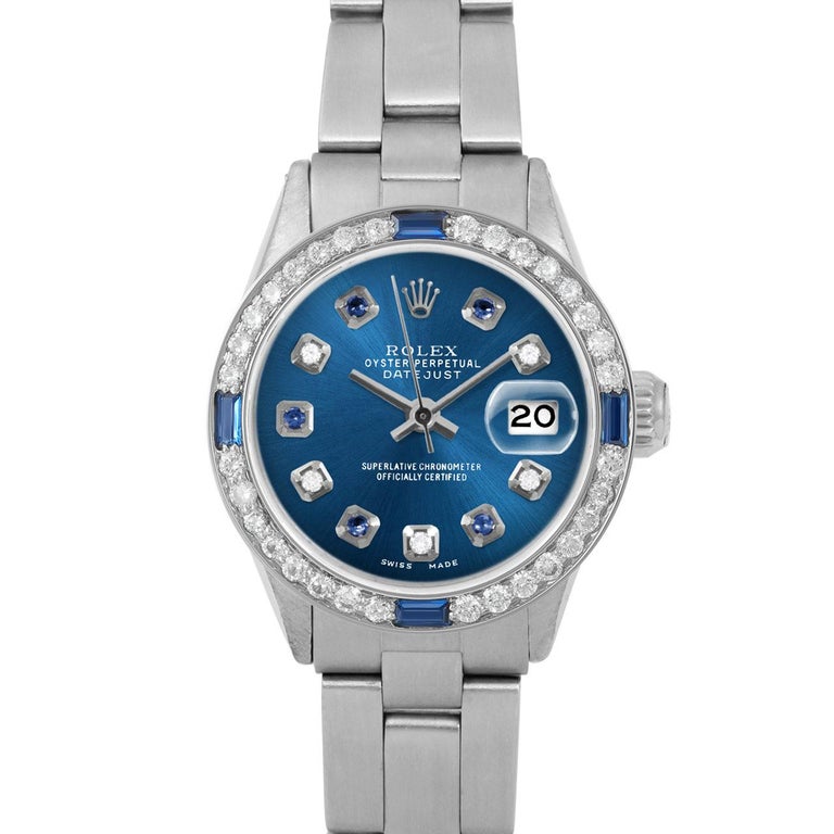 Rolex Damen SS Datejust Uhr mit blauem Diamant-Saphir-Zifferblatt und  Saphir-Diamant-Lünette im Angebot bei 1stDibs