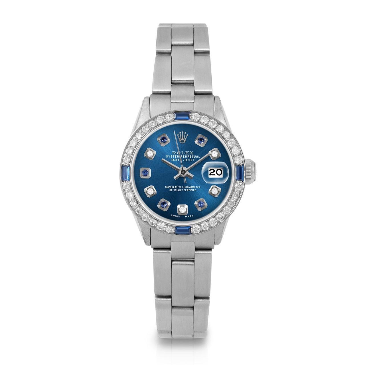 Rolex Damen SS Datejust Uhr mit blauem Diamant-Saphir-Zifferblatt und Saphir-Diamant-Lünette (Perle) im Angebot