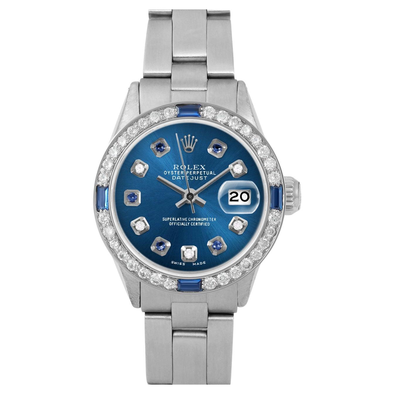 Rolex Ladies SS Datejust Blue Diamond Sapphire Dial Sapphire Diamond Bezel Watch For Sale