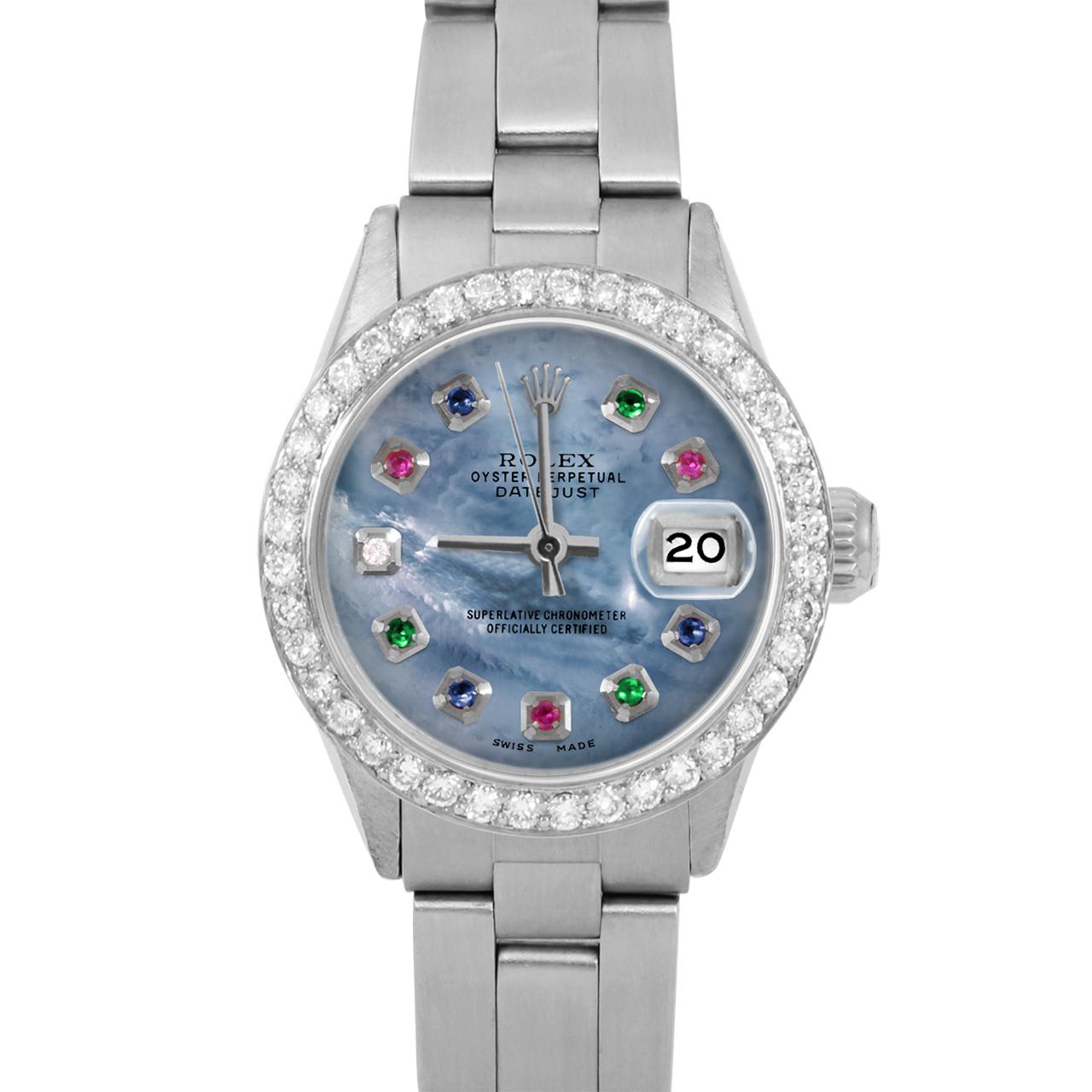 Brand : Rolex
Model : Datejust (Non-Quickset Model)
Gender : Ladies
Metals : Stainless Steel
Case Size : 24 mm

Dial : Custom Blue Mother Of Pearl Rainbow Emerald Ruby Sapphire Diamond Dial (This dial is not original Rolex And has been added