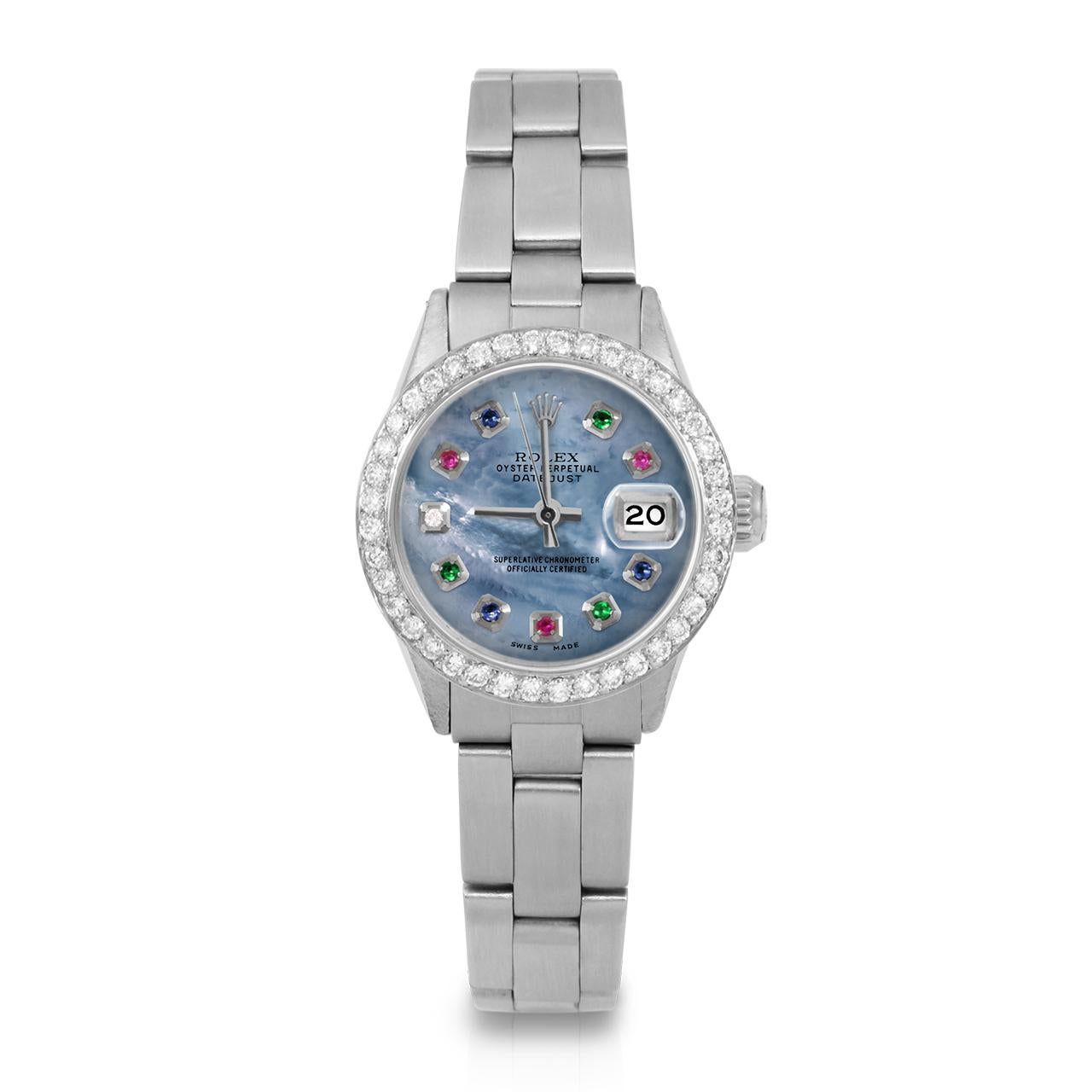 Perle Rolex Montre Datejust SS bleue avec cadran arc-en-ciel en diamants et lunette en diamants pour femmes en vente