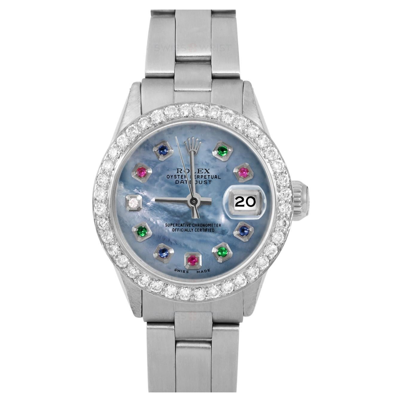 Rolex Montre Datejust SS bleue avec cadran arc-en-ciel en diamants et lunette en diamants pour femmes en vente