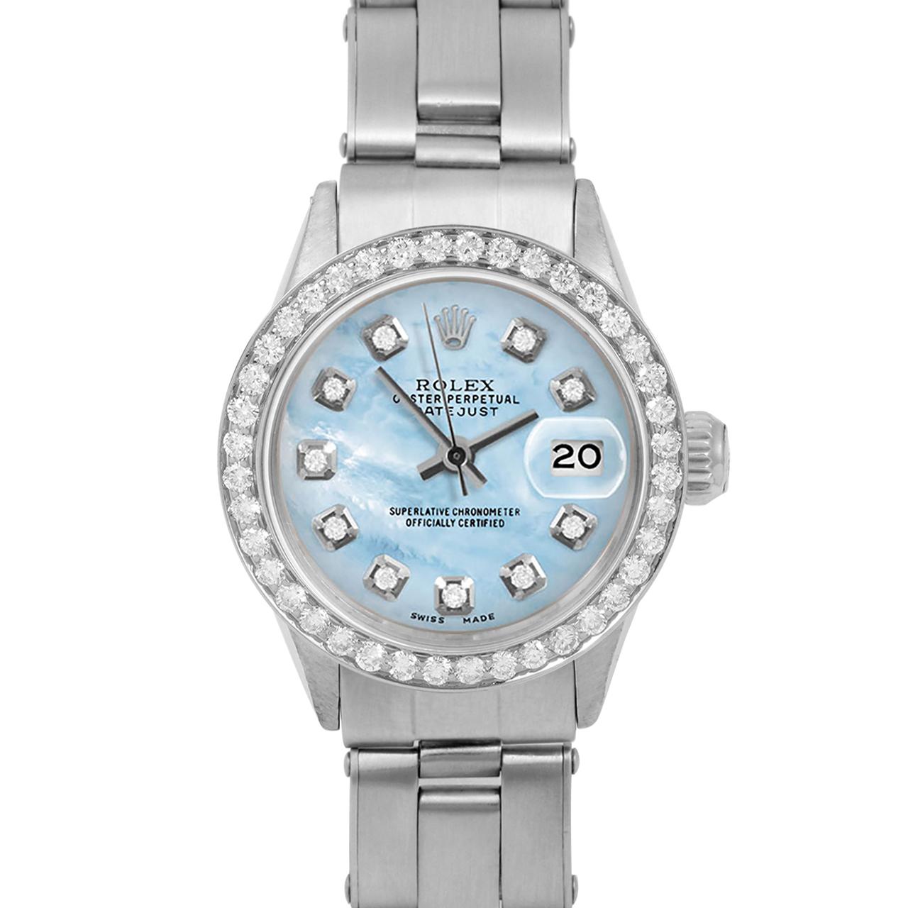 Brand : Rolex
Model : Datejust (Non-Quickset Model)
Gender : Ladies
Metals : Stainless Steel
Case Size : 24 mm
Dial : Custom Blue Mother Of Pearl Diamond Dial (This dial is not original Rolex And has been added aftermarket yet is a beautiful Custom