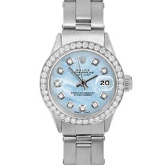 Rolex Ladies SS Datejust Blue Mother of Pearl Diamond Dial Diamond Bezel Watch