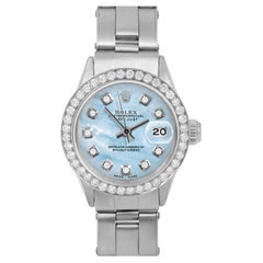 Rolex Ladies SS Datejust Blue Mother of Pearl Diamond Dial Diamond Bezel Watch