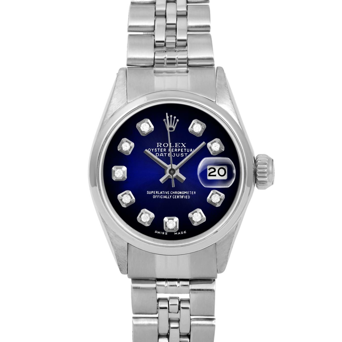 Brand : Rolex
Model : Datejust (Non-Quickset Model)
Gender : Ladies
Metals : Stainless Steel
Case Size : 24 mm

Dial : Custom Blue Vignette Diamond Dial (This dial is not original Rolex And has been added aftermarket yet is a beautiful Custom