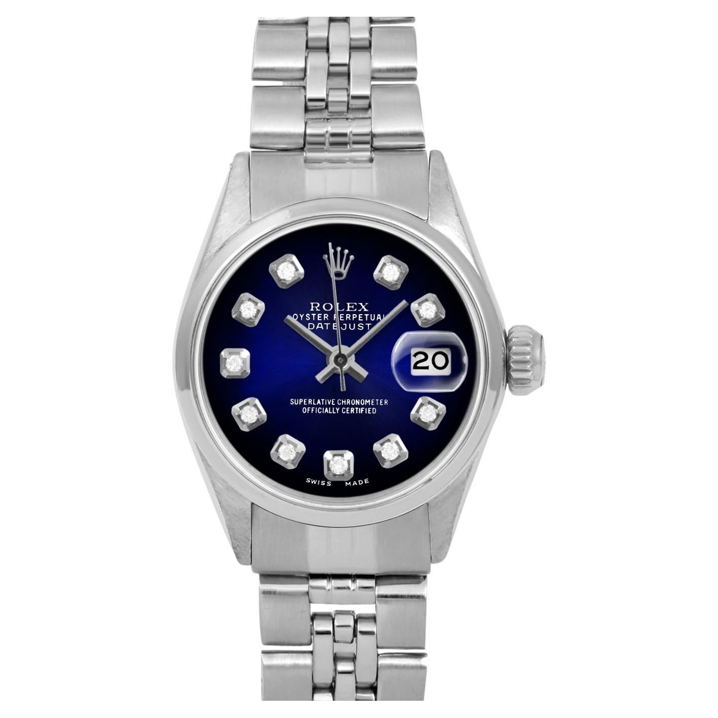 Rolex Ladies SS Datejust Blue Vignette Diamond Dial Jubilee Band Watch