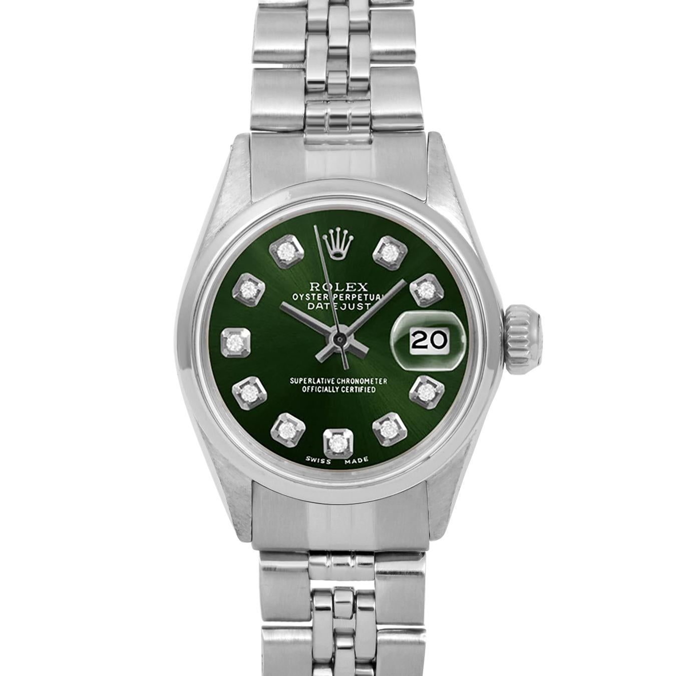 Brand : Rolex
Model : Datejust (Non-Quickset Model)
Gender : Ladies
Metals : Stainless Steel
Case Size : 24 mm

Dial : Custom Green Diamond Dial (This dial is not original Rolex And has been added aftermarket yet is a beautiful Custom