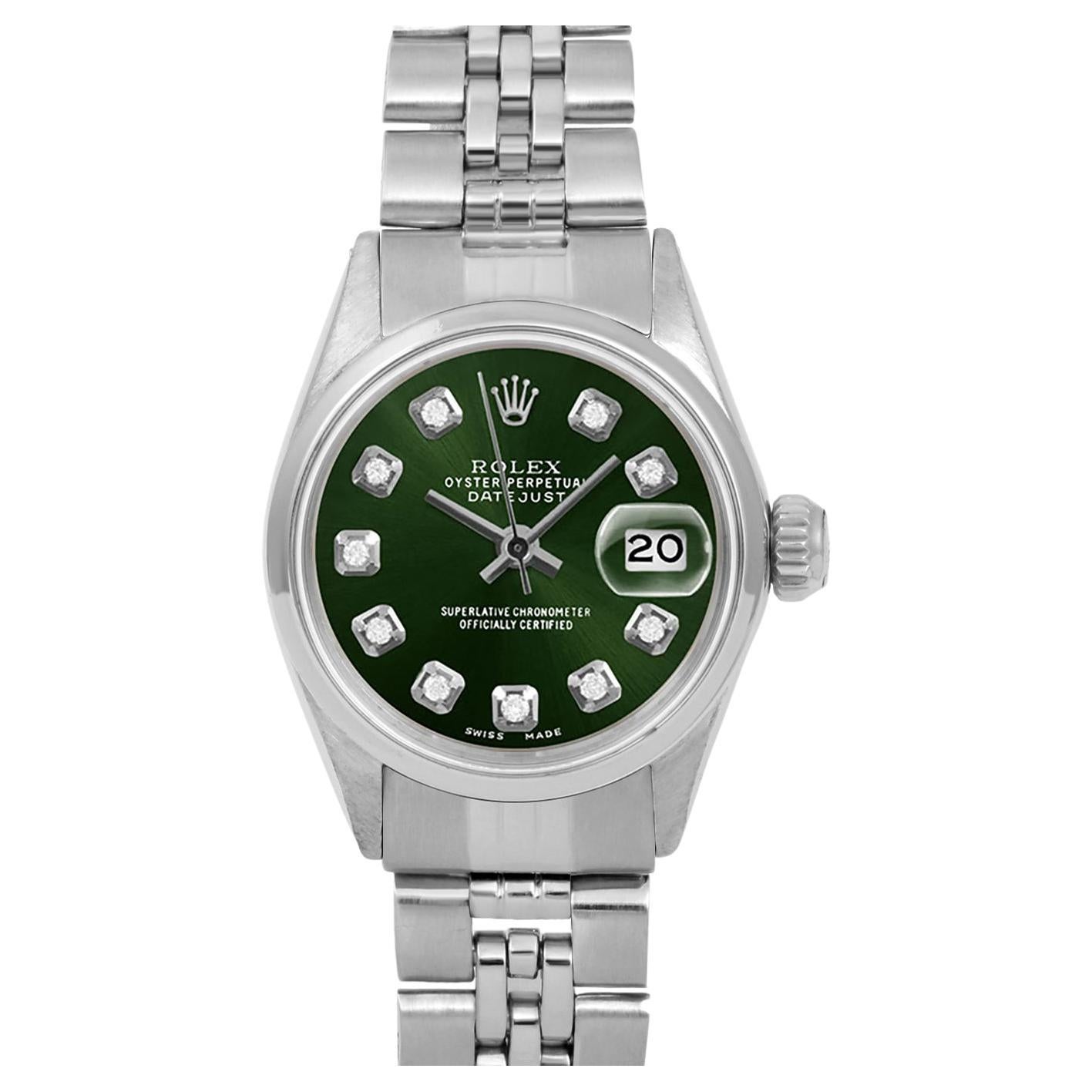 Rolex Ladies SS Datejust Green Diamond Dial Smooth Bezel Jubilee Band Watch For Sale