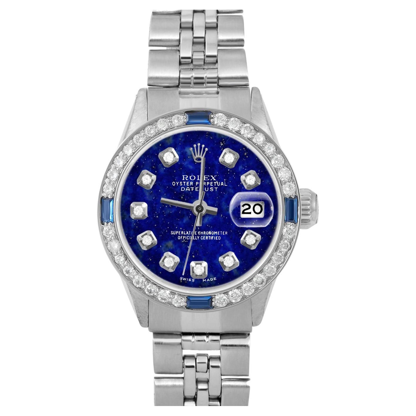 Rolex Ladies SS Datejust Lapis Diamond Dial Sapphire Diamond Bezel Jubilee Watch