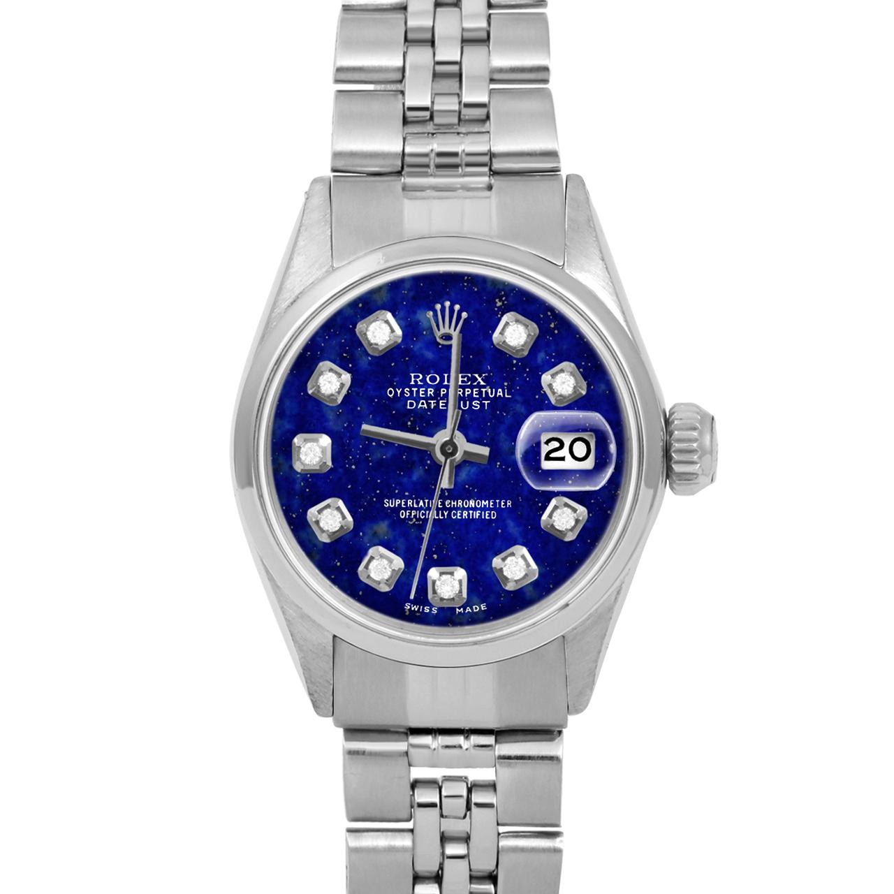 Brand : Rolex
Model : Datejust (Non-Quickset Model)
Gender : Ladies
Metals : Stainless Steel
Case Size : 24 mm

Dial : Custom Lapis Diamond Dial (This dial is not original Rolex And has been added aftermarket yet is a beautiful Custom