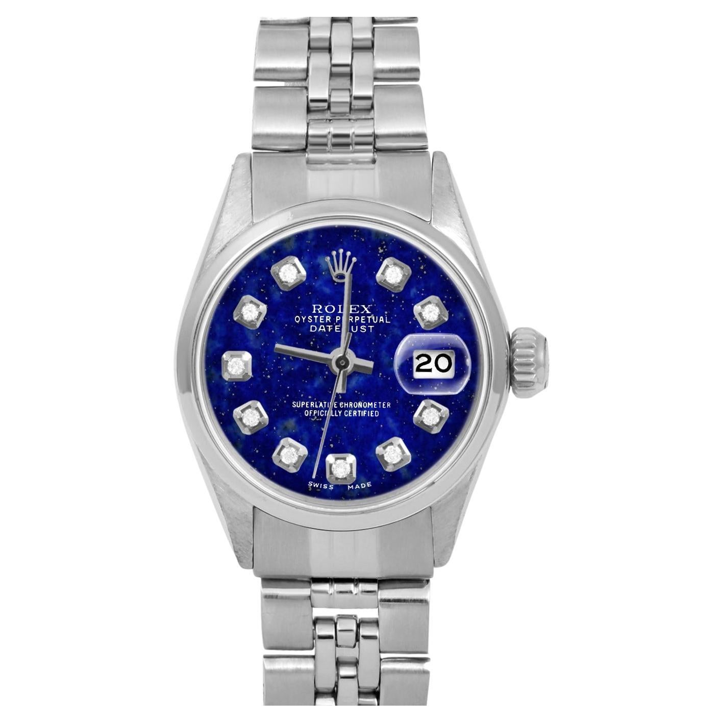 Rolex Ladies SS Datejust Lapis Diamond Dial Smooth Bezel Jubilee Band Watch For Sale