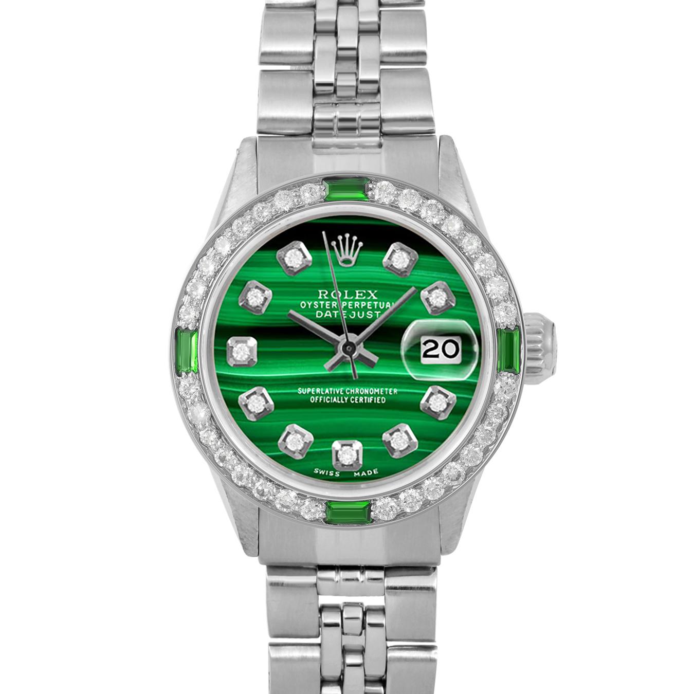 Brand : Rolex
Model : Datejust (Non-Quickset Model)
Gender : Ladies
Metals : Stainless Steel
Case Size : 24 mm

Dial : Custom Malachite Diamond Dial (This dial is not original Rolex And has been added aftermarket yet is a beautiful Custom