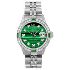 Rolex Ladies SS Datejust Malachite Diamond Dial Emerald Diamond Bezel Watch