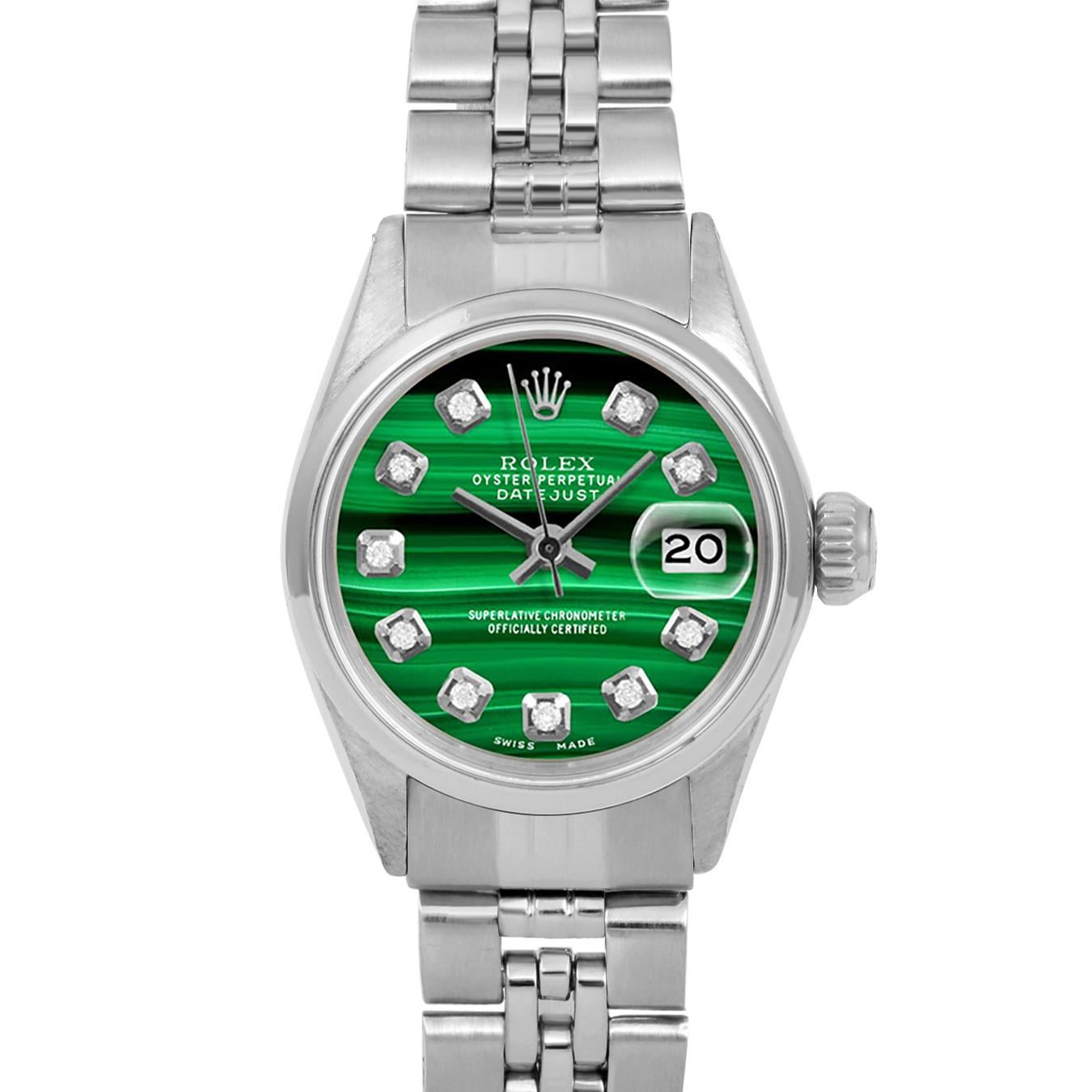 Brand : Rolex
Model : Datejust (Non-Quickset Model)
Gender : Ladies
Metals : Stainless Steel
Case Size : 24 mm

Dial : Custom Malachite Diamond Dial (This dial is not original Rolex And has been added aftermarket yet is a beautiful Custom