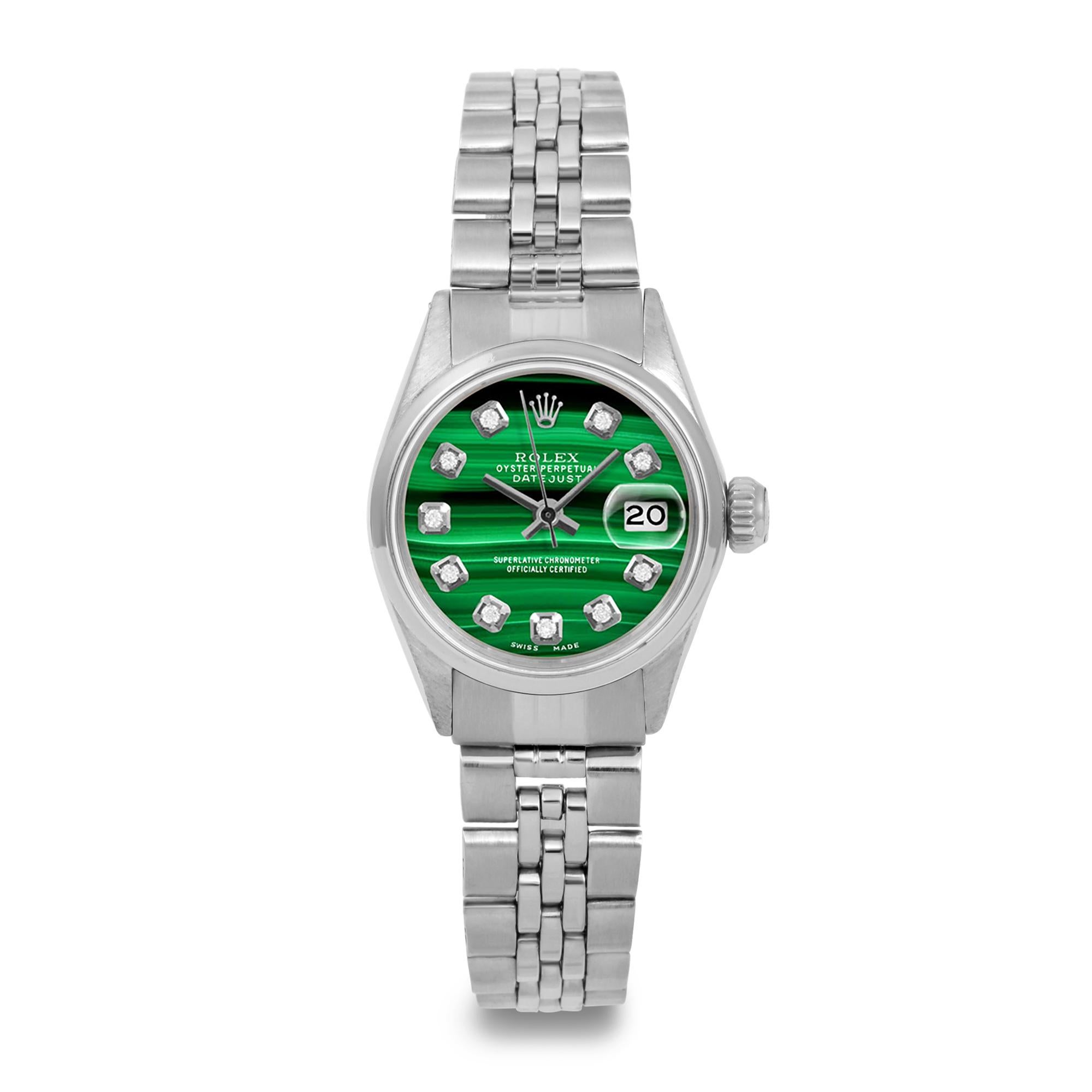 Perle Rolex Ladies Ss Datejust Malachite Diamond Dial Smooth Bezel Jubilee Band Watch en vente