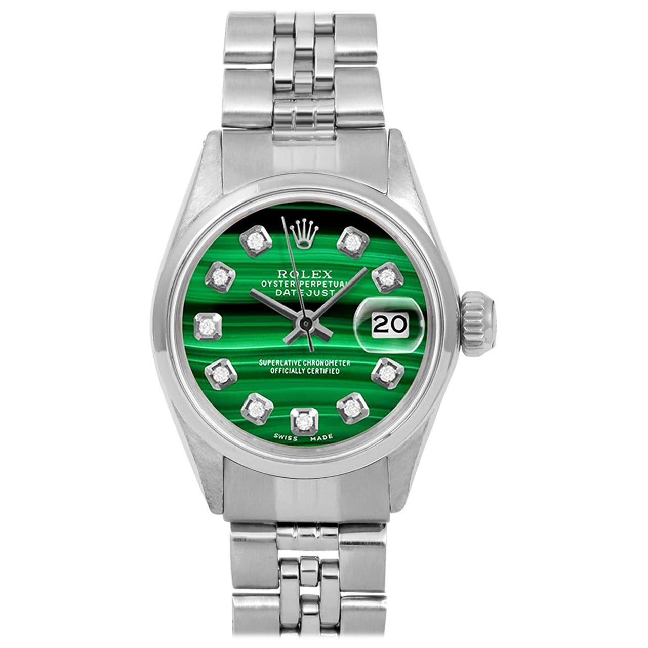 Rolex Ladies Ss Datejust Malachite Diamond Dial Smooth Bezel Jubilee Band Watch en vente