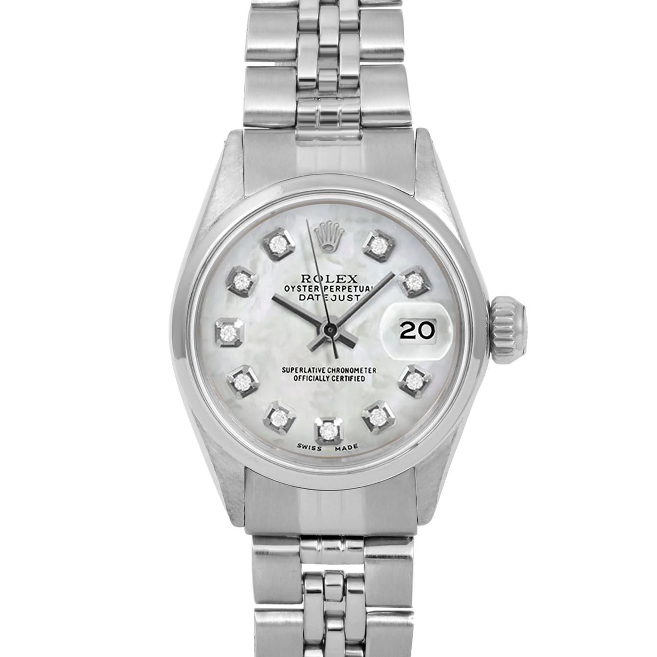 Brand : Rolex
Model : Datejust (Non-Quickset Model)
Gender : Ladies
Metals : Stainless Steel
Case Size : 24 mm

Dial : Custom Mother Of Pearl Diamond Dial (This dial is not original Rolex And has been added aftermarket yet is a beautiful Custom
