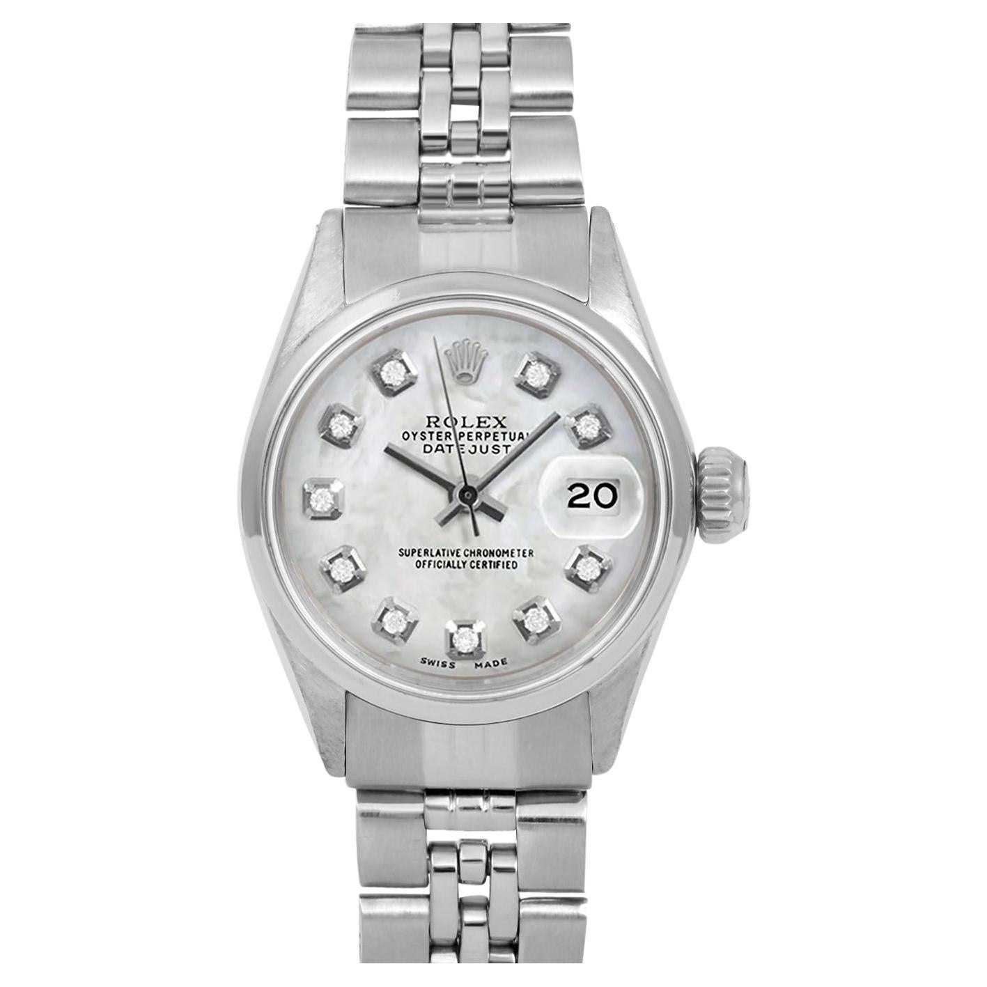 Rolex Ladies SS Datejust MOP Diamond Dial Smooth Bezel Jubilee Band Watch For Sale