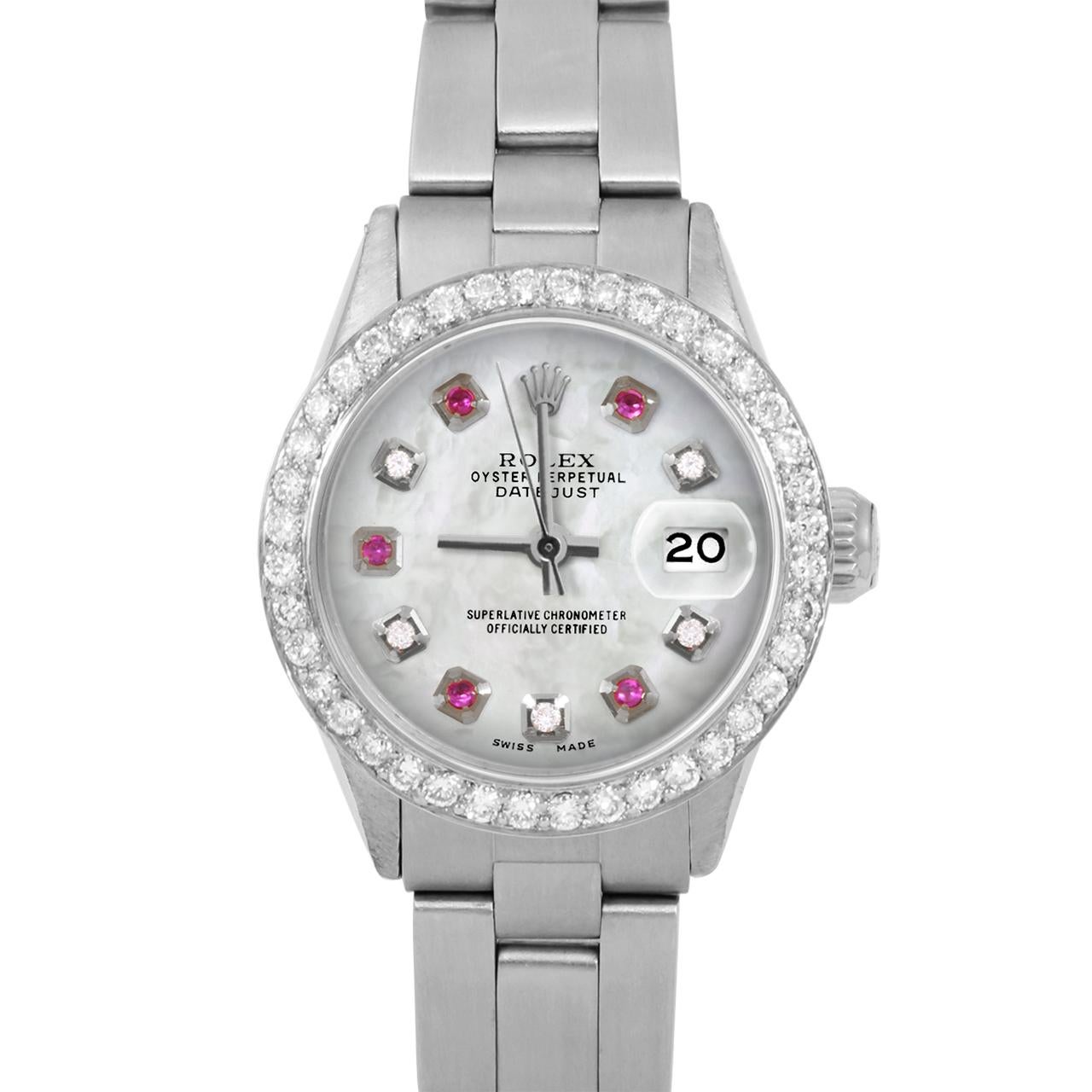 Brand : Rolex
Model : Datejust (Non-Quickset Model)
Gender : Ladies
Metals : Stainless Steel
Case Size : 24 mm

Dial : Custom Mother Of Pearl Diamond Ruby Dial (This dial is not original Rolex And has been added aftermarket yet is a beautiful Custom