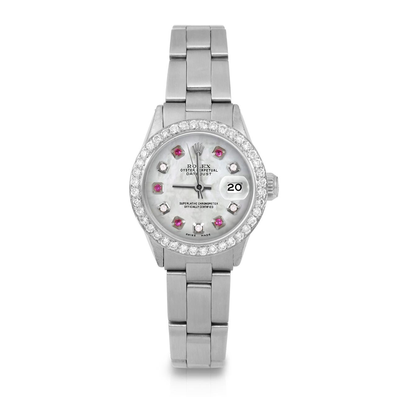 Perle Rolex Ladies SS Datejust MOP Diamond Ruby Dial Smooth Bezel Jubilee Band Watch en vente