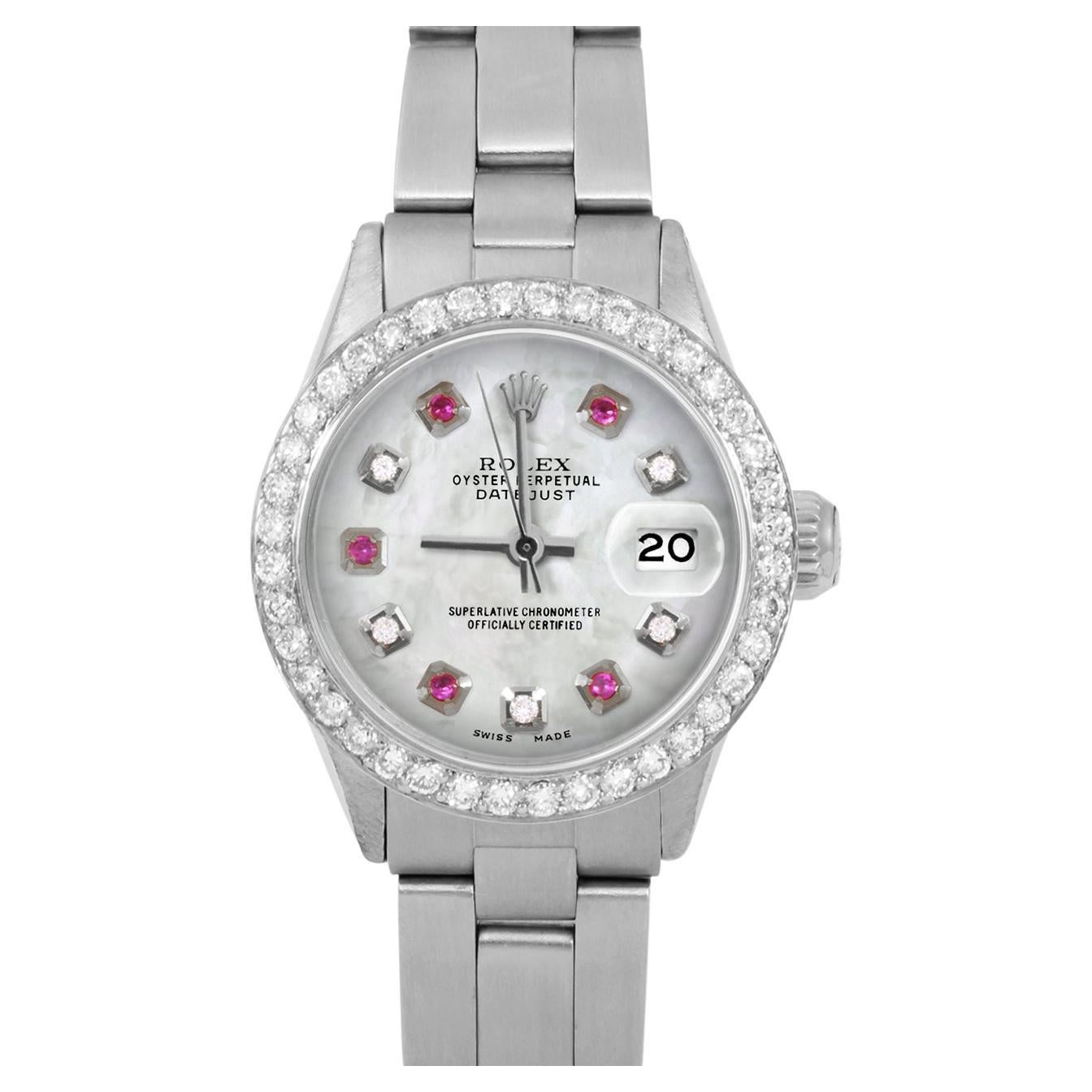 Rolex Ladies SS Datejust MOP Diamond Ruby Dial Smooth Bezel Jubilee Band Watch For Sale