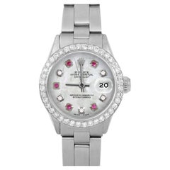 Rolex Ladies SS Datejust MOP Diamond Ruby Dial Smooth Bezel Jubilee Band Watch