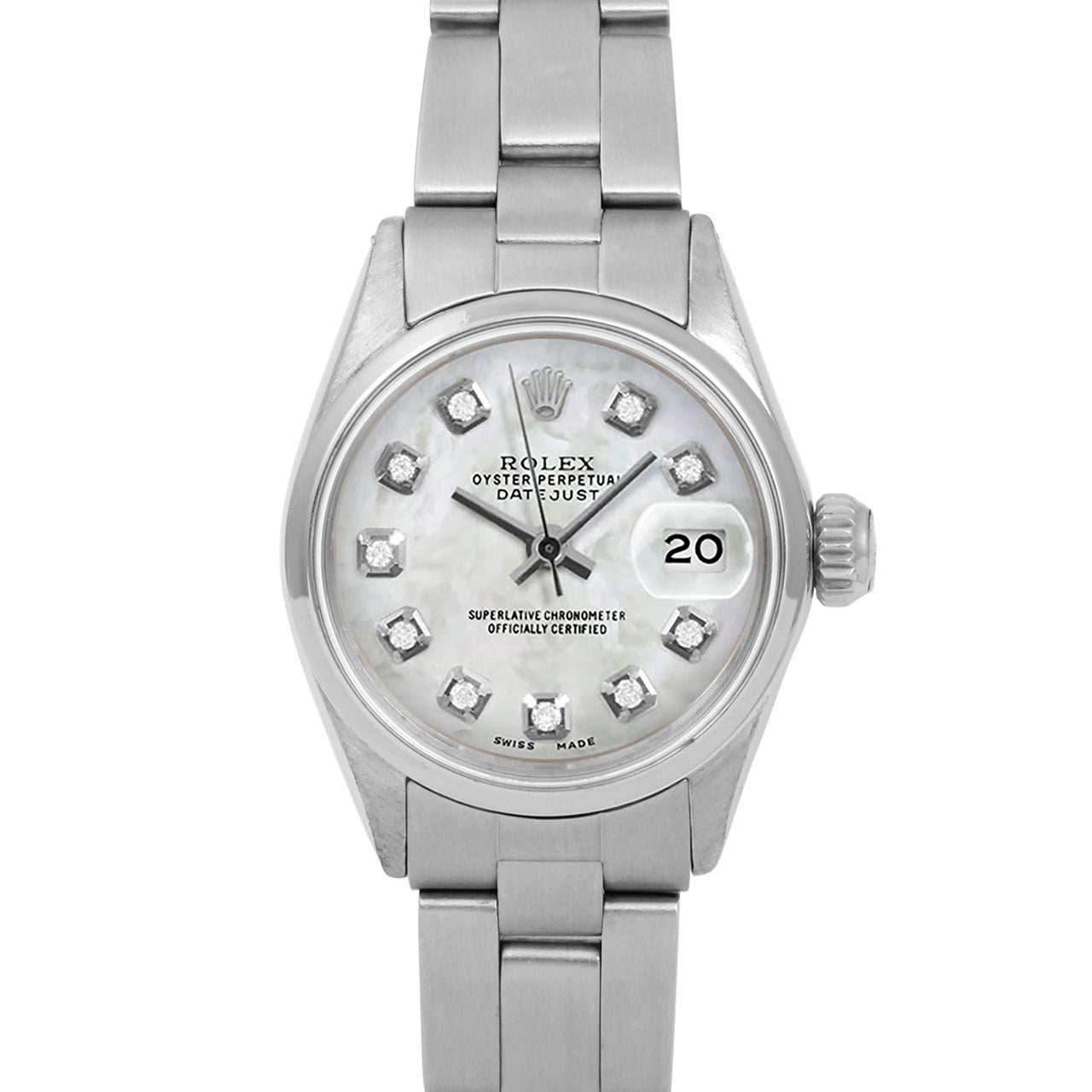 Brand : Rolex
Model : Datejust (Non-Quickset Model)
Gender : Ladies
Metals : Stainless Steel
Case Size : 24 mm
Dial : Custom Mother Of Pearl Diamond Dial (This dial is not original Rolex And has been added aftermarket yet is a beautiful Custom