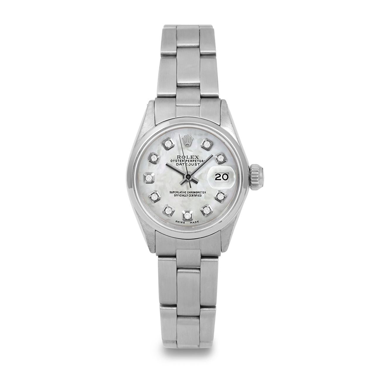 Perle Rolex Ladies SS Datejust Mother of Pearl Diamond Dial Oyster Band Watch en vente