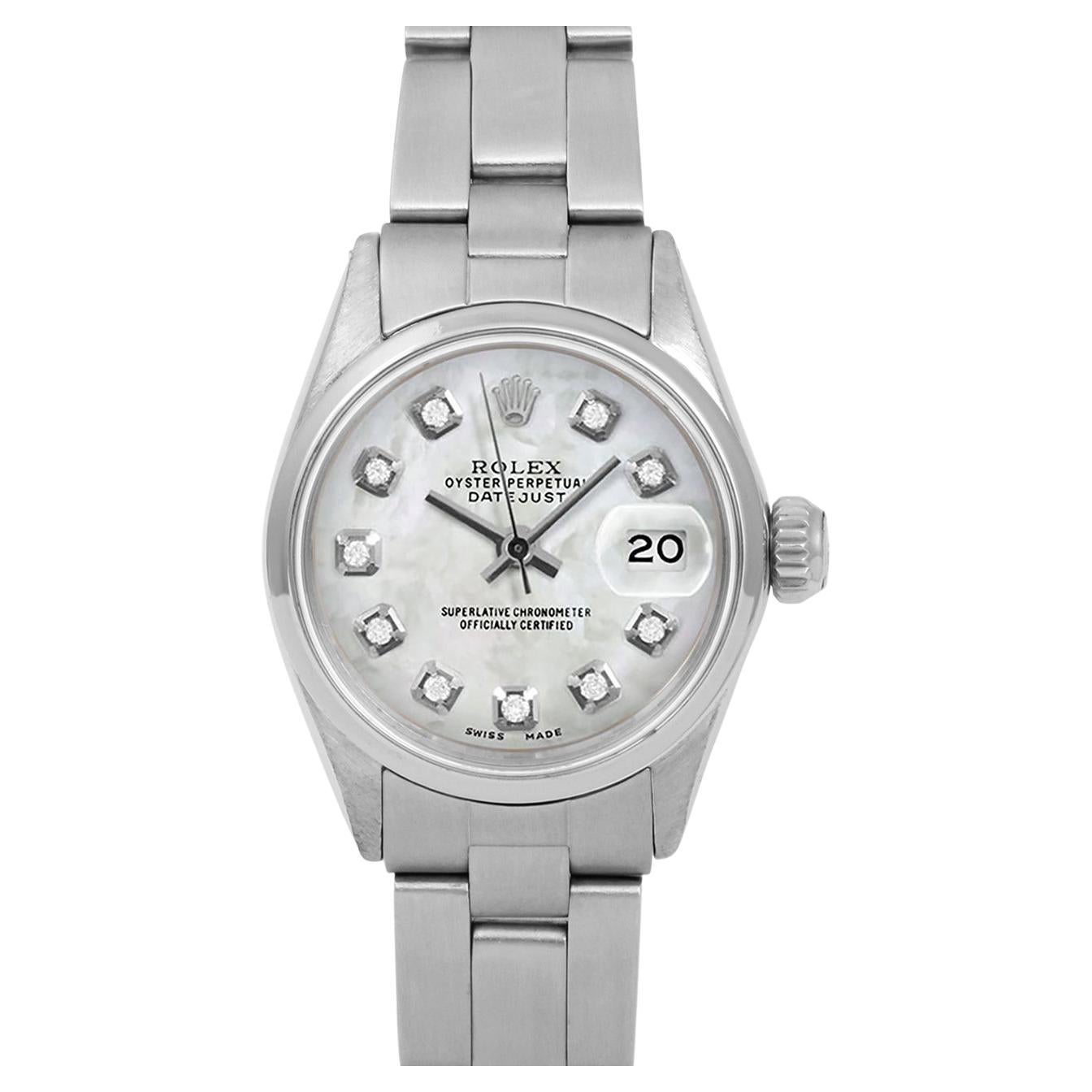 Rolex Ladies SS Datejust Mother of Pearl Diamond Dial Oyster Band Watch en vente
