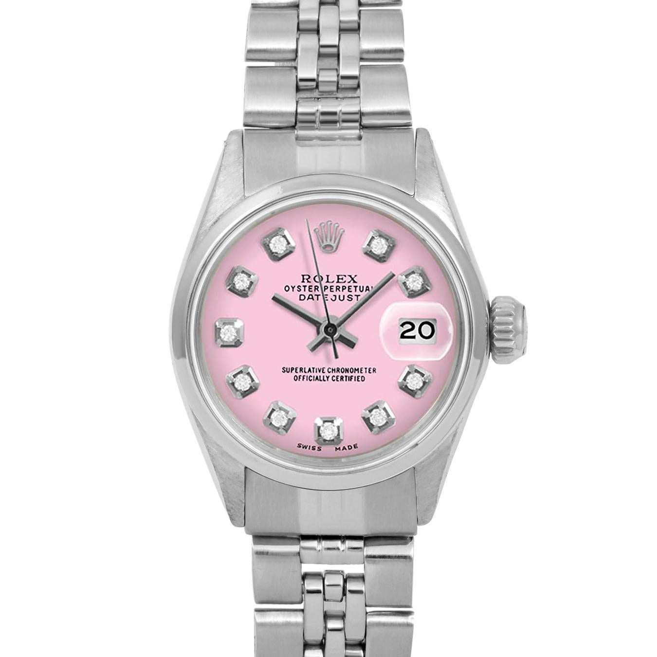 Brand : Rolex
Model : Datejust (Non-Quickset Model)
Gender : Ladies
Metals : Stainless Steel
Case Size : 24 mm

Dial : Custom Pink Diamond Dial (This dial is not original Rolex And has been added aftermarket yet is a beautiful Custom