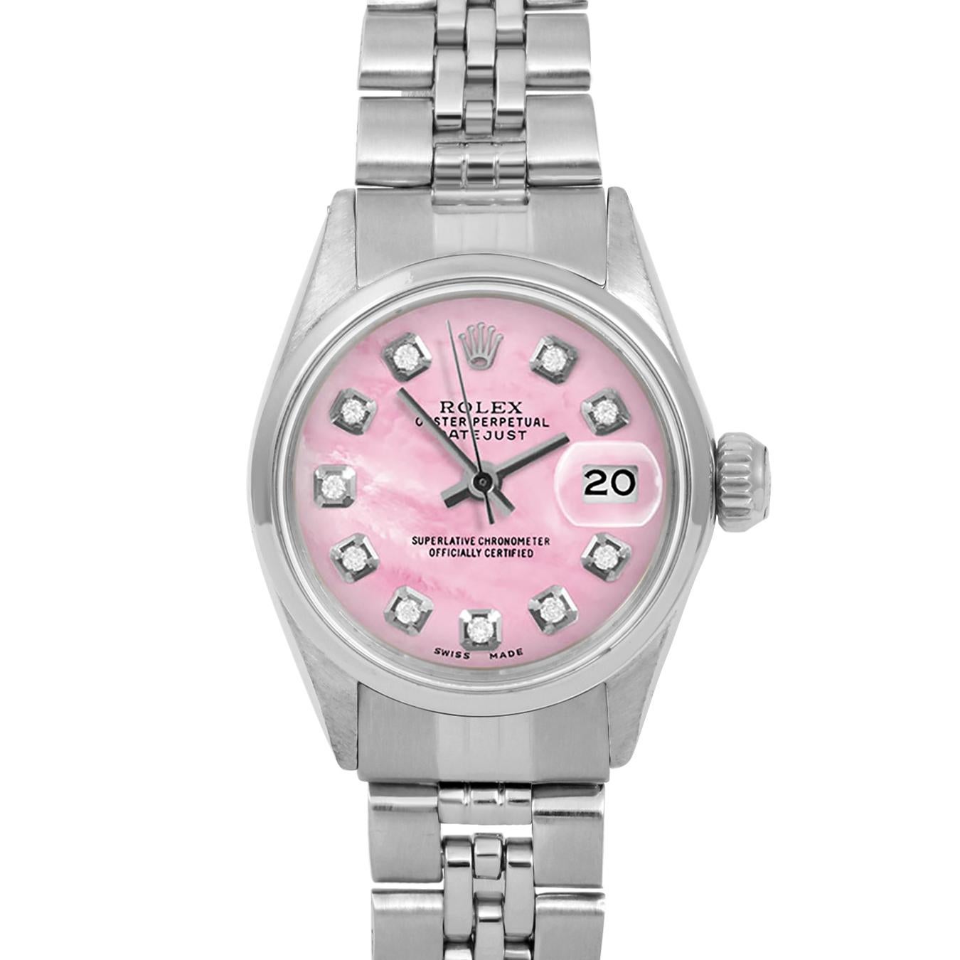 Brand : Rolex
Model : Datejust (Non-Quickset Model)
Gender : Ladies
Metals : Stainless Steel
Case Size : 24 mm

Dial : Custom Pink Mother Of Pearl Diamond Dial (This dial is not original Rolex And has been added aftermarket yet is a beautiful Custom