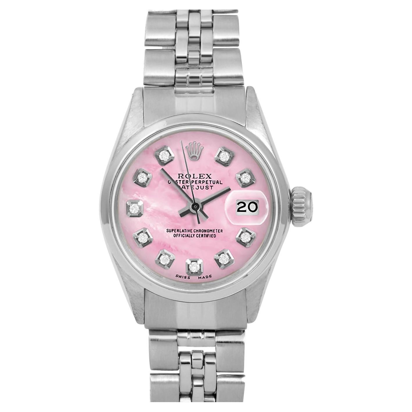 Rolex Ladies SS Datejust Pink MOP Diamond Dial Smooth Bezel Jubilee Band Watch For Sale