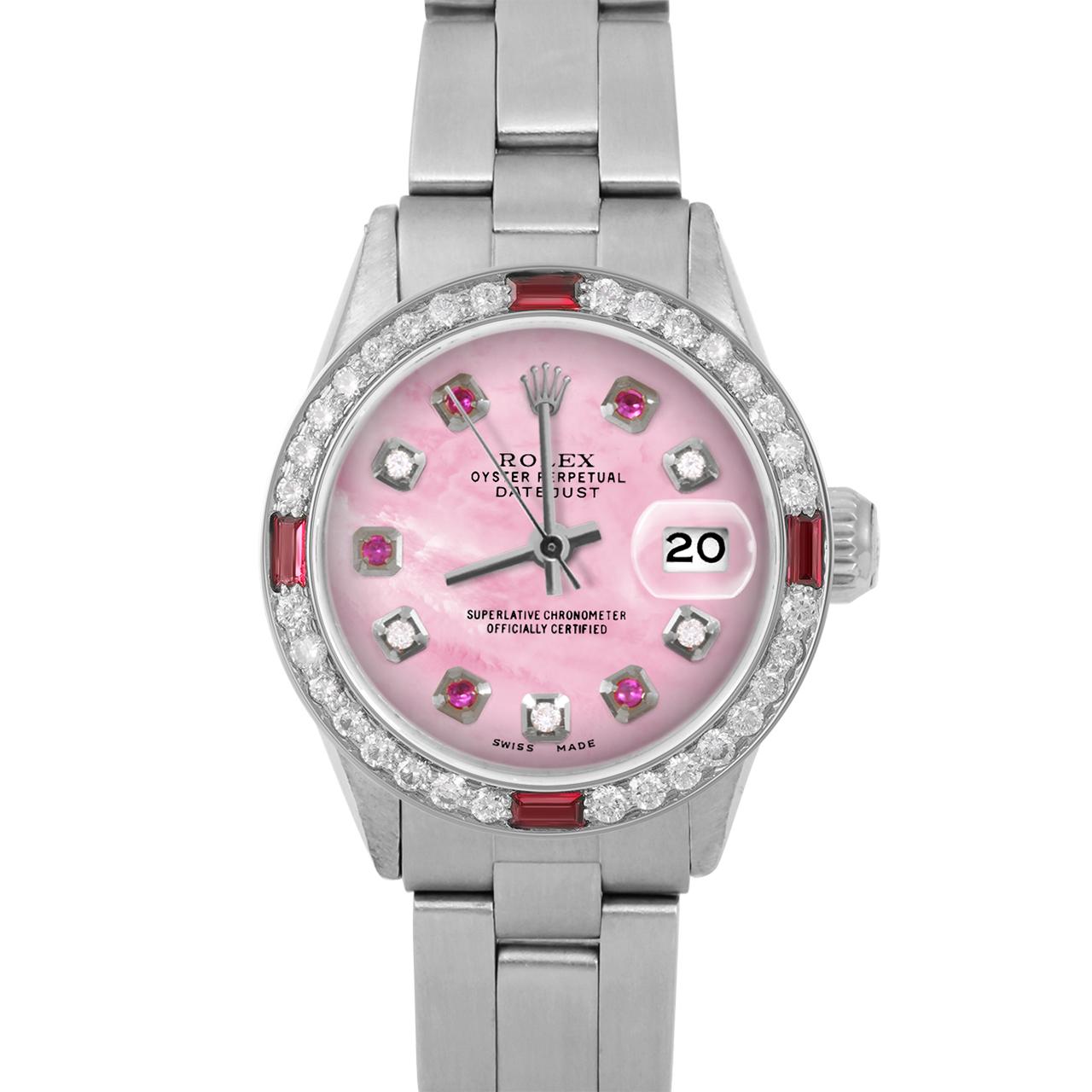 Brand : Rolex
Model : Datejust (Non-Quickset Model)
Gender : Ladies
Metals : Stainless Steel
Case Size : 24 mm

Dial : Custom Pink Mother Of Pearl Diamond Ruby Dial (This dial is not original Rolex And has been added aftermarket yet is a beautiful